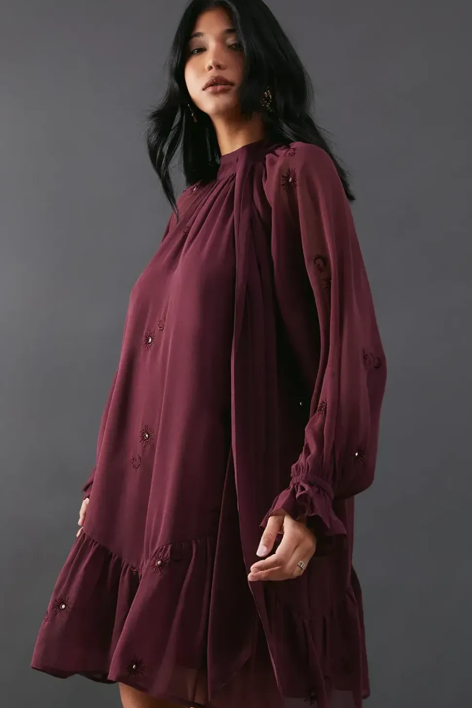 Premium Chiffon Tie Neck Moon Embellished Sequin Mini Smock Dress