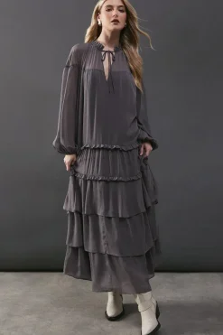 Premium Chiffon Tie Neck Tier Smock Maxi Dress