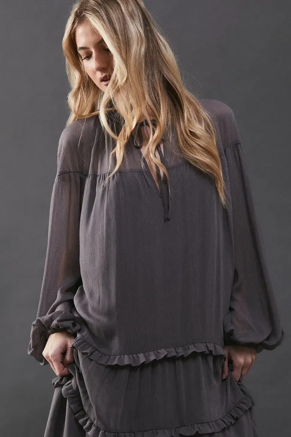 Premium Chiffon Tie Neck Tier Smock Maxi Dress