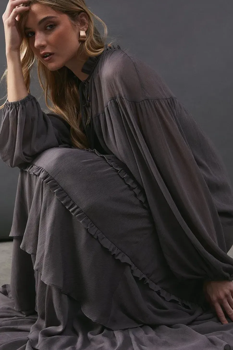 Premium Chiffon Tie Neck Tier Smock Maxi Dress