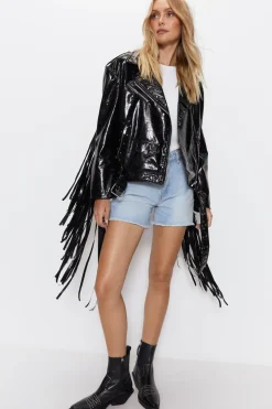 Premium Crackle Fringe Studded Biker Jacket