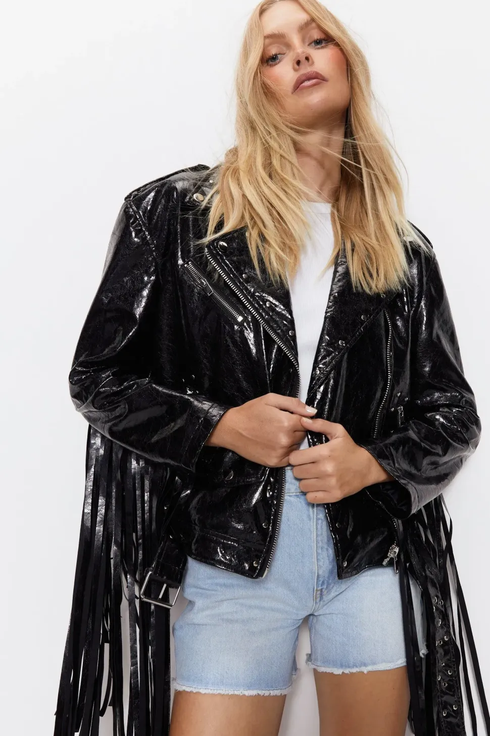 Premium Crackle Fringe Studded Biker Jacket