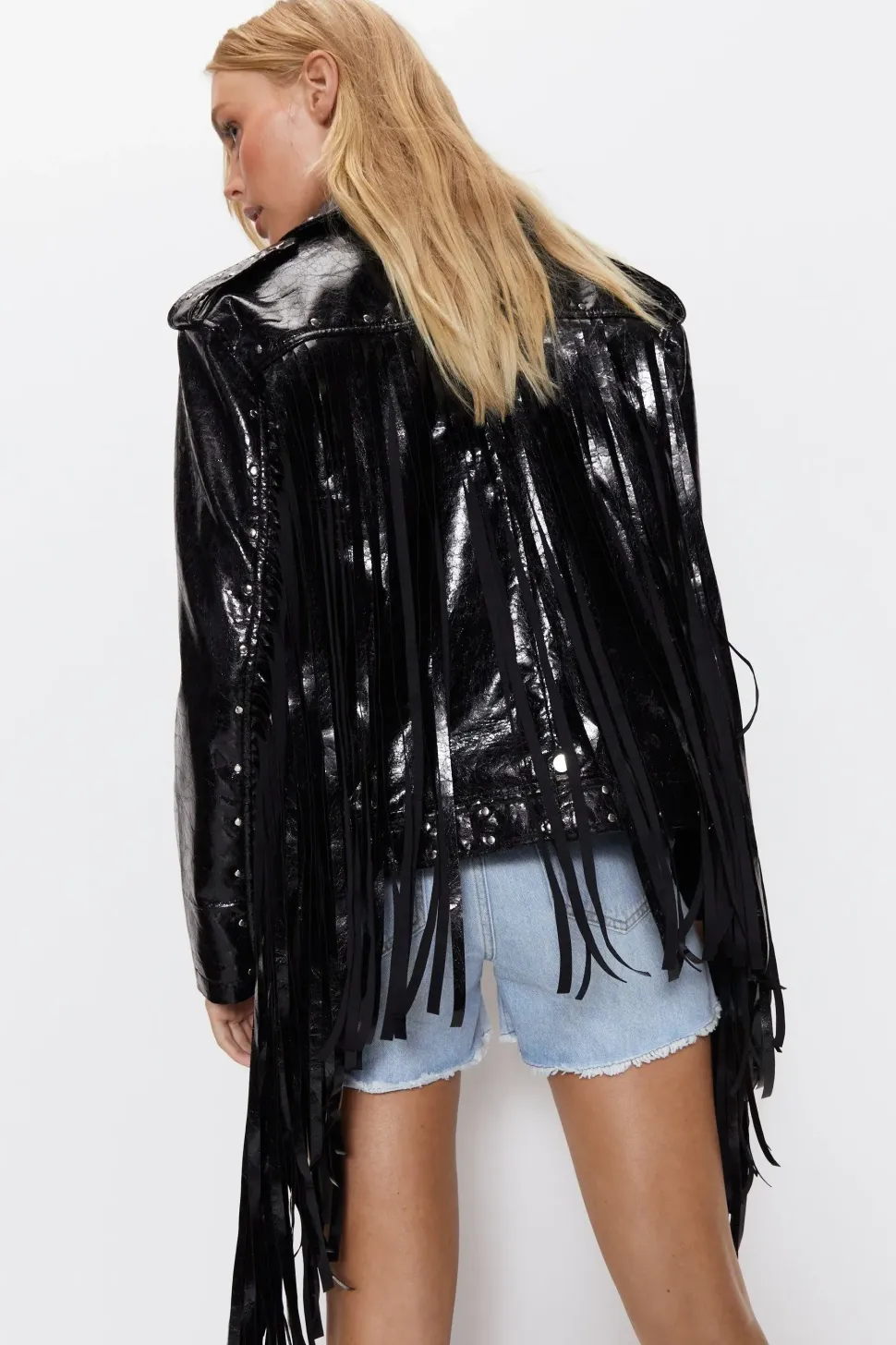 Premium Crackle Fringe Studded Biker Jacket