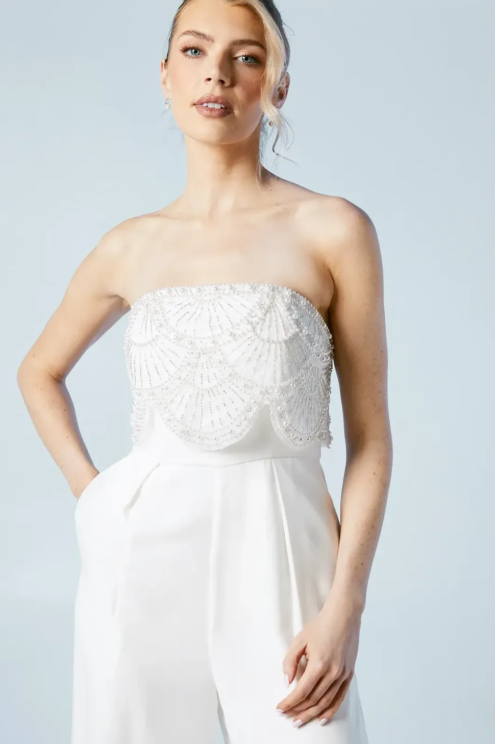 Premium Crepe Scallop Pearl Detail Bridal Jumpsuit