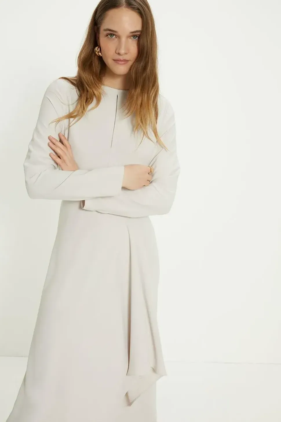 Premium Crepe Waterfall Skirt Midi Dress