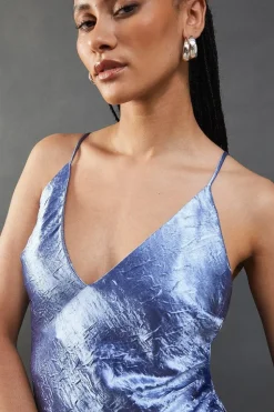 Premium Crinkle Satin V Neck Strappy Back Midaxi Slip Dress