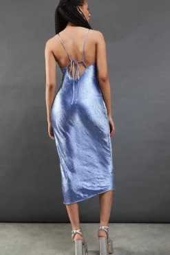 Premium Crinkle Satin V Neck Strappy Back Midaxi Slip Dress