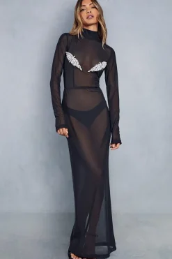 Premium Diamante Trim Mesh High Neck Maxi Dress