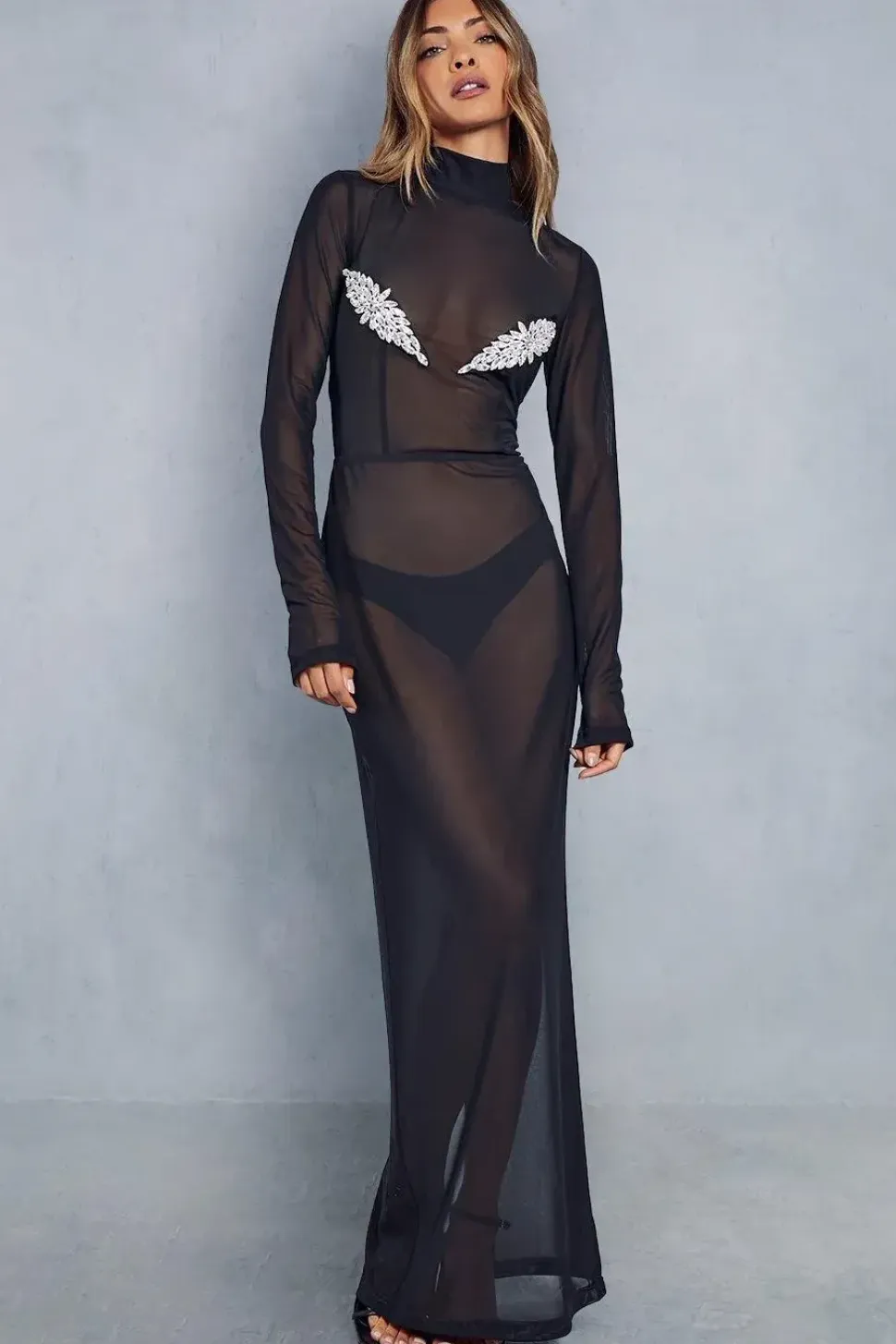 Premium Diamante Trim Mesh High Neck Maxi Dress