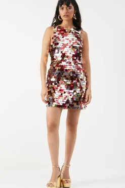 Premium Disc Embellished Sequin Sleeveless Open Back Mini Dress