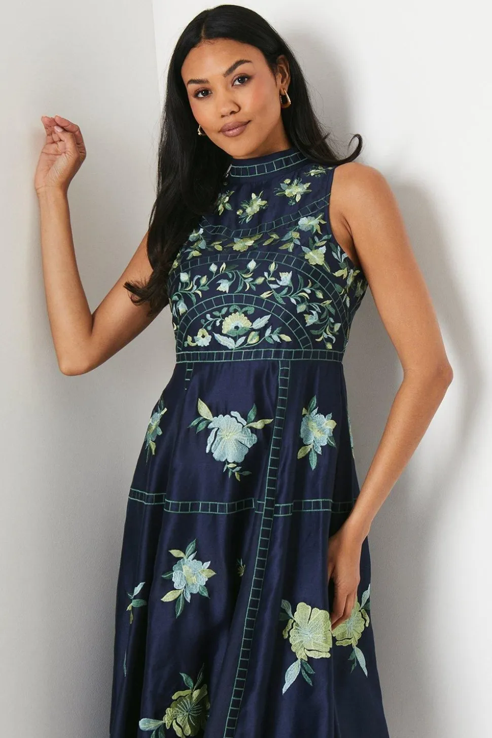 Premium Embroidered High Neck Midi Dress