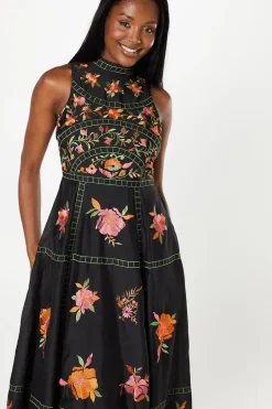 Premium Embroidered High Neck Midi Wedding Guest Dress