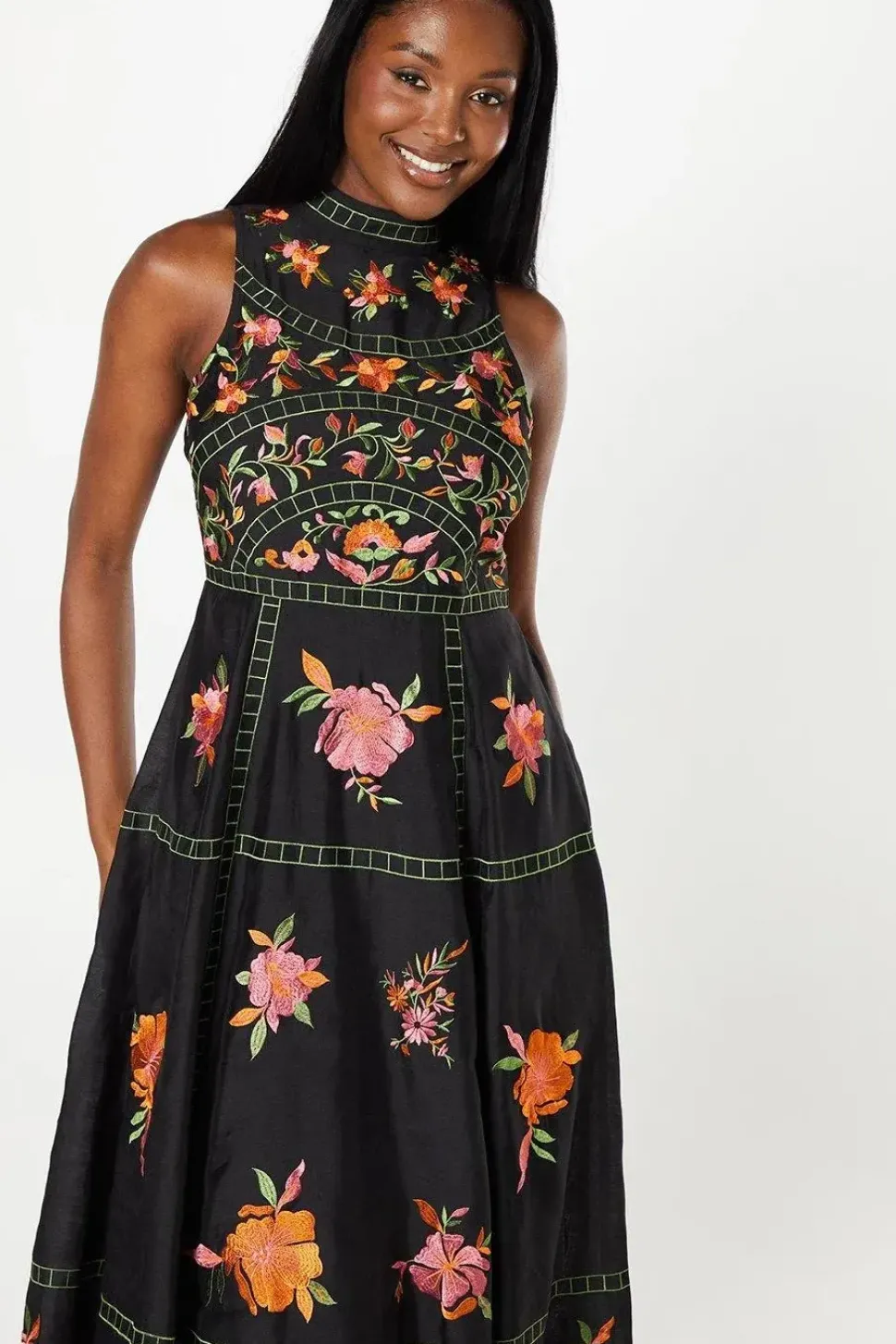Premium Embroidered High Neck Midi Wedding Guest Dress