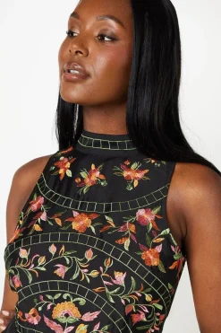 Premium Embroidered High Neck Midi Wedding Guest Dress