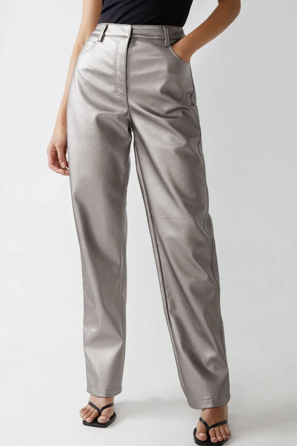 Premium Faux Leather Metallic Straight Leg Trousers