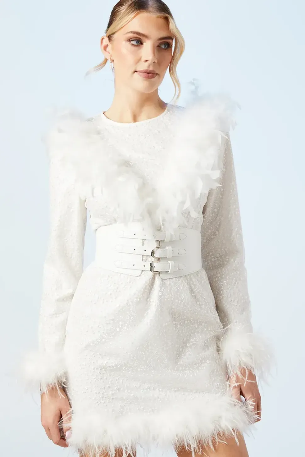 Premium Feather Belted Bridal Mini Dress