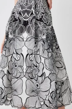 Premium Floral Embroidered Full Skirt Midi Dress
