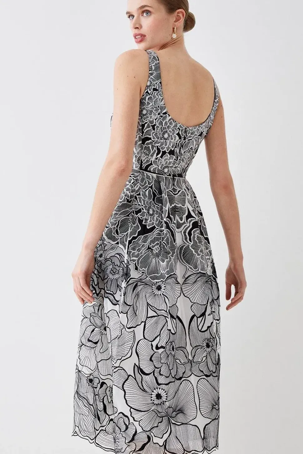 Premium Floral Embroidered Full Skirt Midi Dress