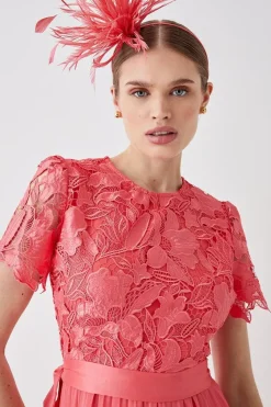 Premium Floral Satin Lace Pleat Skirt Midi Dress