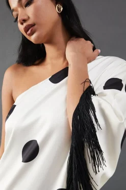 Premium Fringe Trim One Shoulder Midi Dress