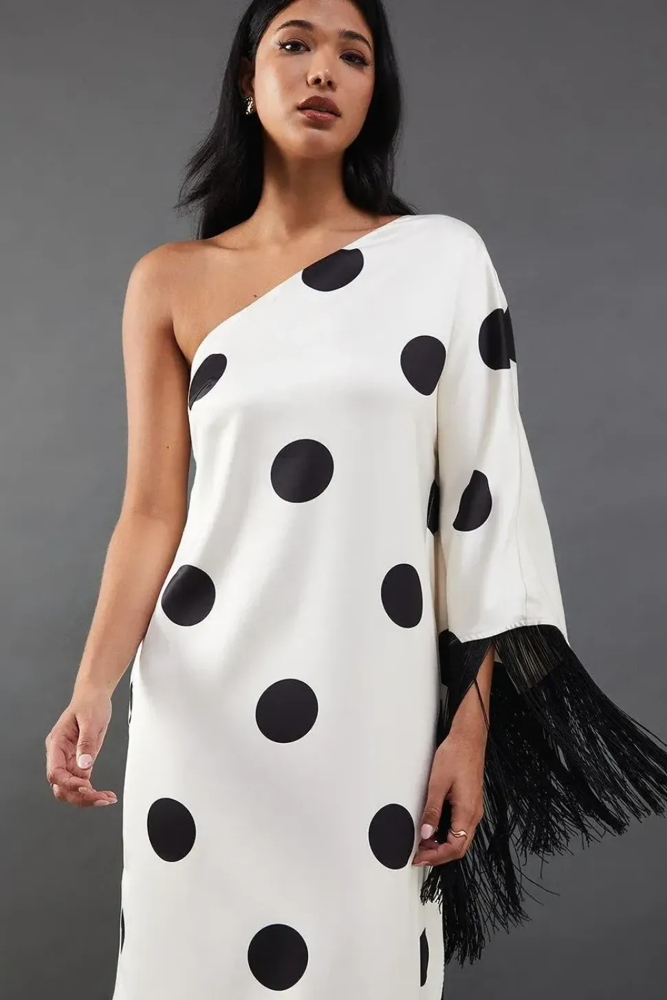 Premium Fringe Trim One Shoulder Midi Dress