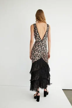 Premium Fringing V Neck Maxi Dress