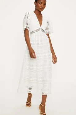 Premium Geo Lace Angel Sleeve V Neck Maxi Dress