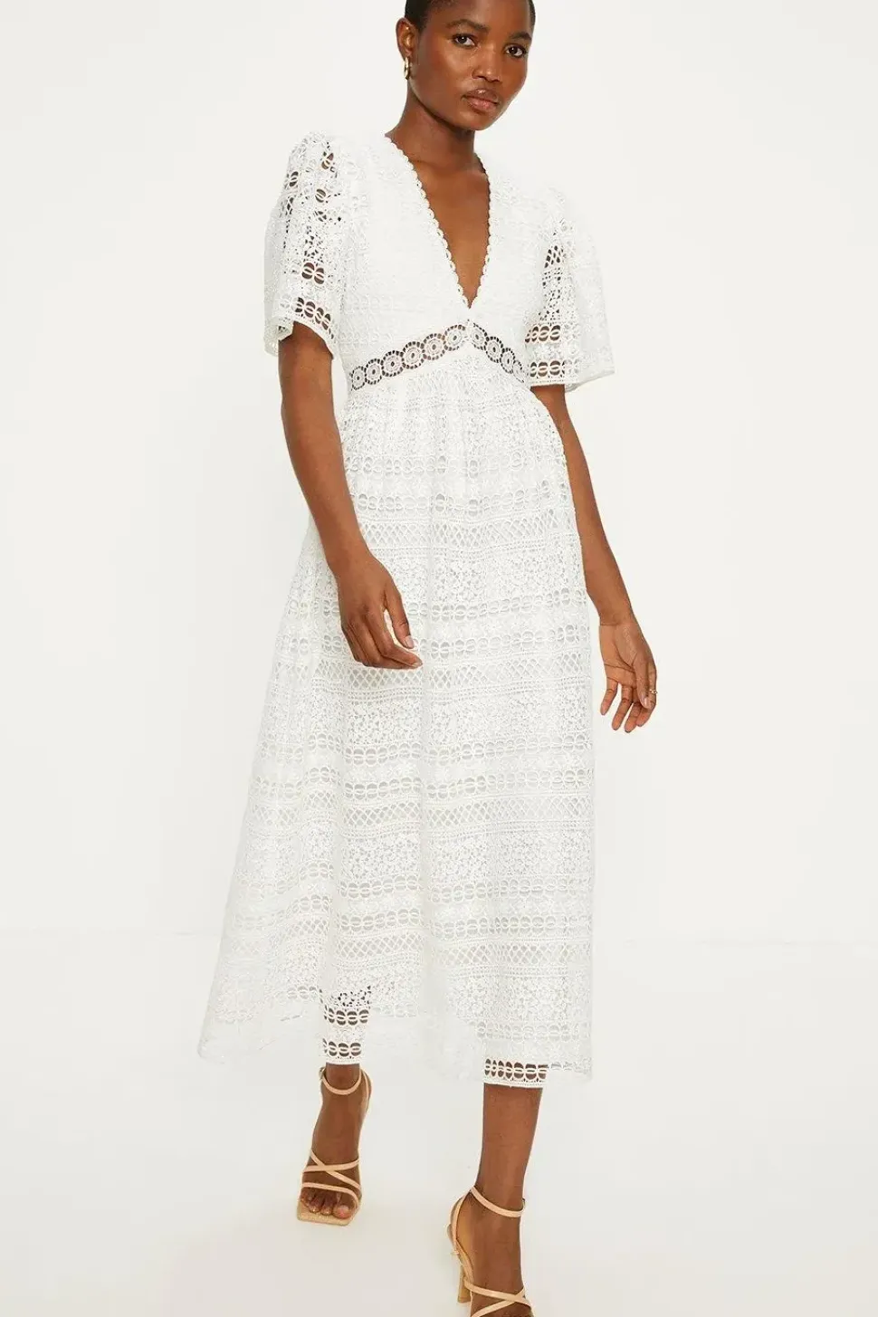 Premium Geo Lace Angel Sleeve V Neck Maxi Dress