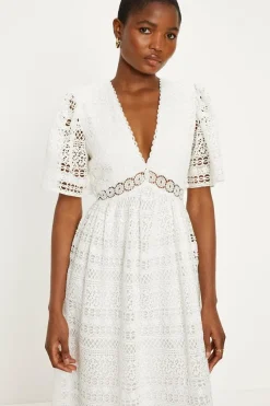 Premium Geo Lace Angel Sleeve V Neck Maxi Dress