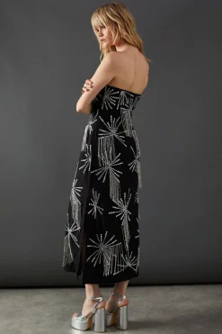 Premium Hand Embellished Sequin Bandeau Fringe Starburst Midi Dress