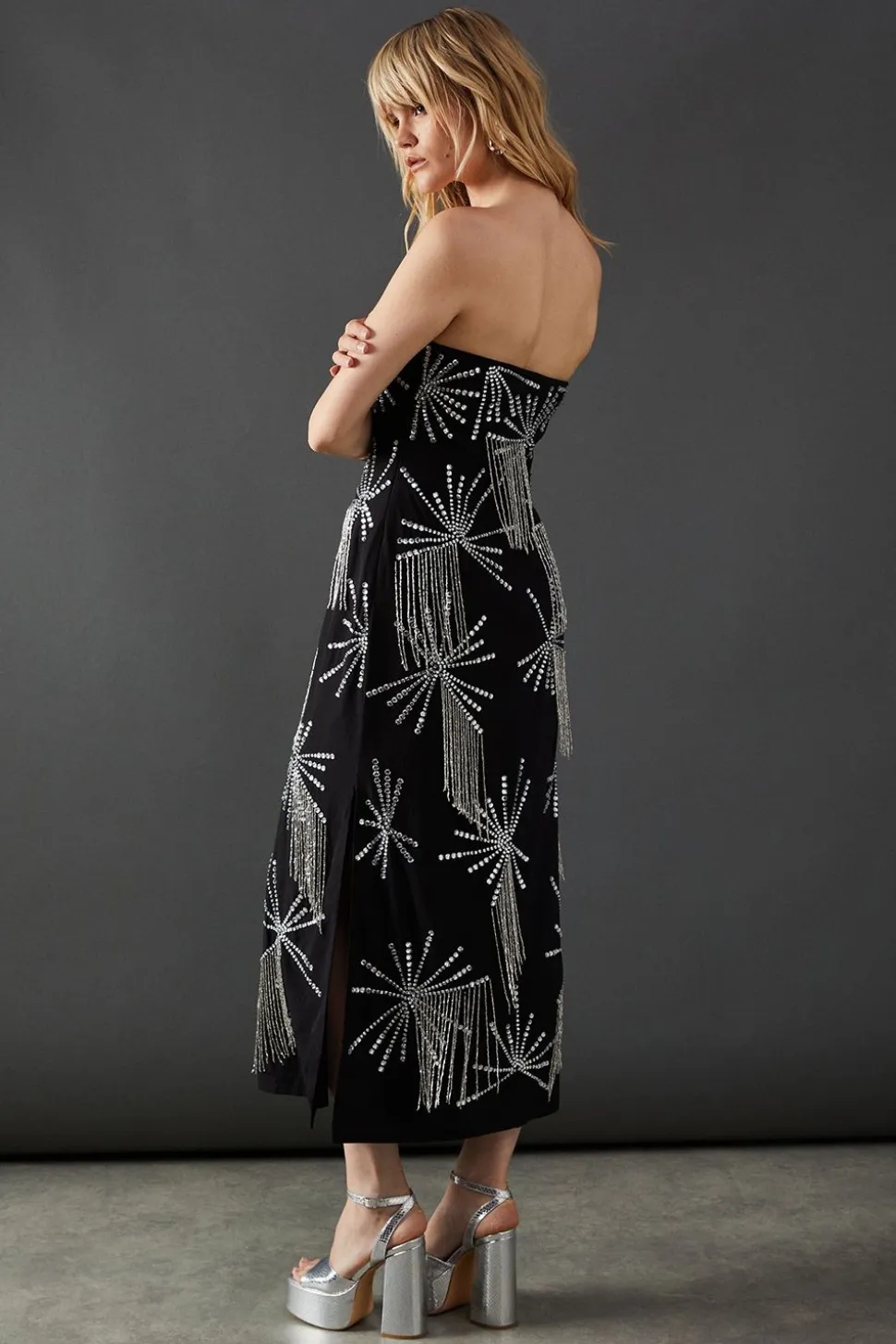 Premium Hand Embellished Sequin Bandeau Fringe Starburst Midi Dress