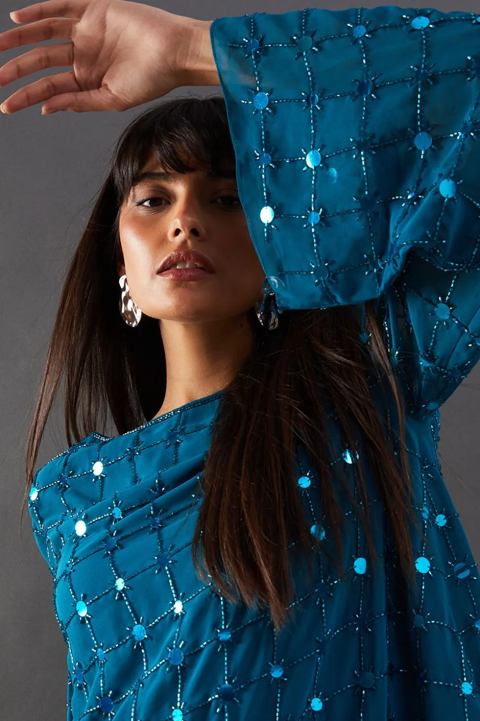Premium Hand Embellished Sequin Grid Flared Sleeve Mini Dress