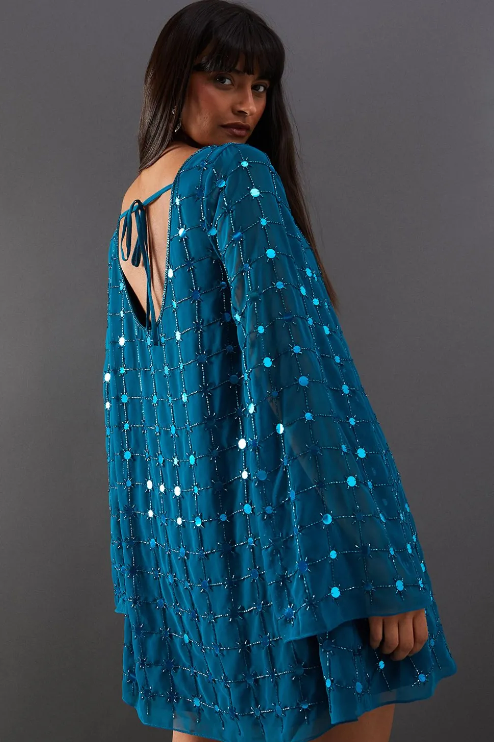 Premium Hand Embellished Sequin Grid Flared Sleeve Mini Dress
