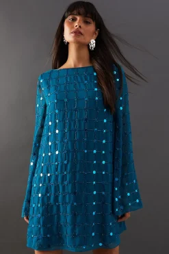 Premium Hand Embellished Sequin Grid Flared Sleeve Mini Dress