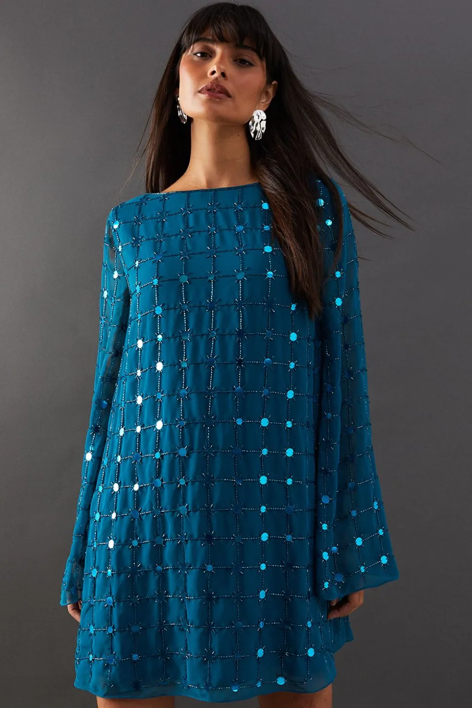 Premium Hand Embellished Sequin Grid Flared Sleeve Mini Dress