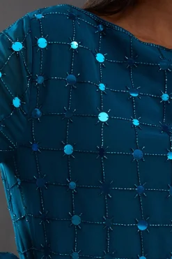 Premium Hand Embellished Sequin Grid Flared Sleeve Mini Dress