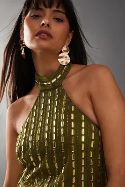 Premium Hand Embellished Sequin Mirror Bead Halter Midi Dress