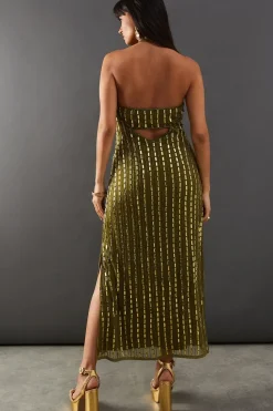 Premium Hand Embellished Sequin Mirror Bead Halter Midi Dress