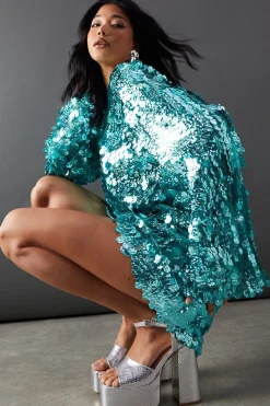 Premium Holographic Sequin Slash Neck Mini Dress