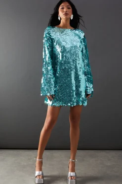 Premium Holographic Sequin Slash Neck Mini Dress