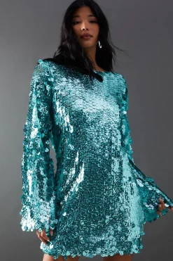 Premium Holographic Sequin Slash Neck Mini Dress