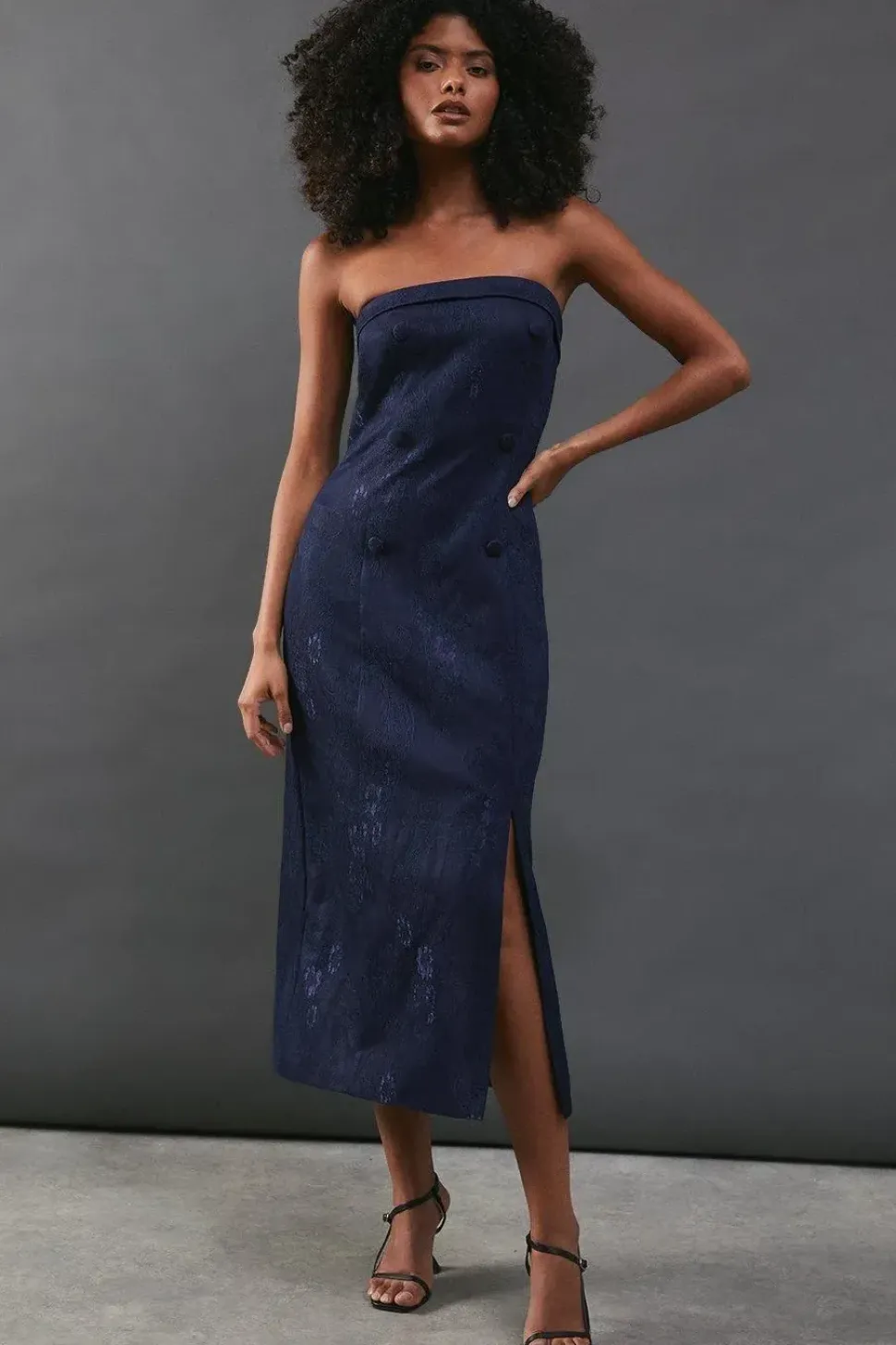 Premium Lace Jacquard Bandeau Double Breasted Midi Dress