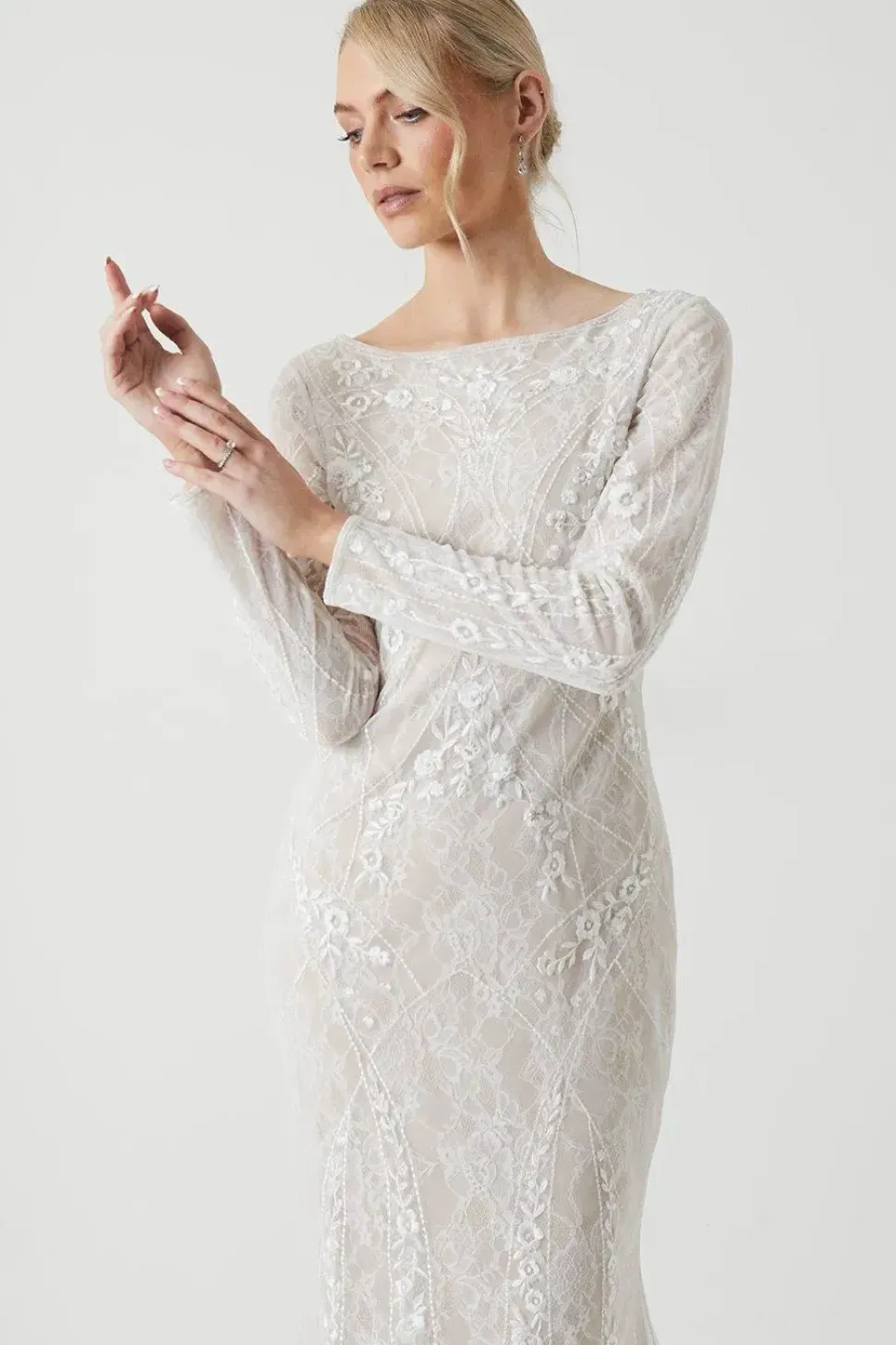 Premium Lace Overlay Handstitched Long Sleeve Wedding Dress