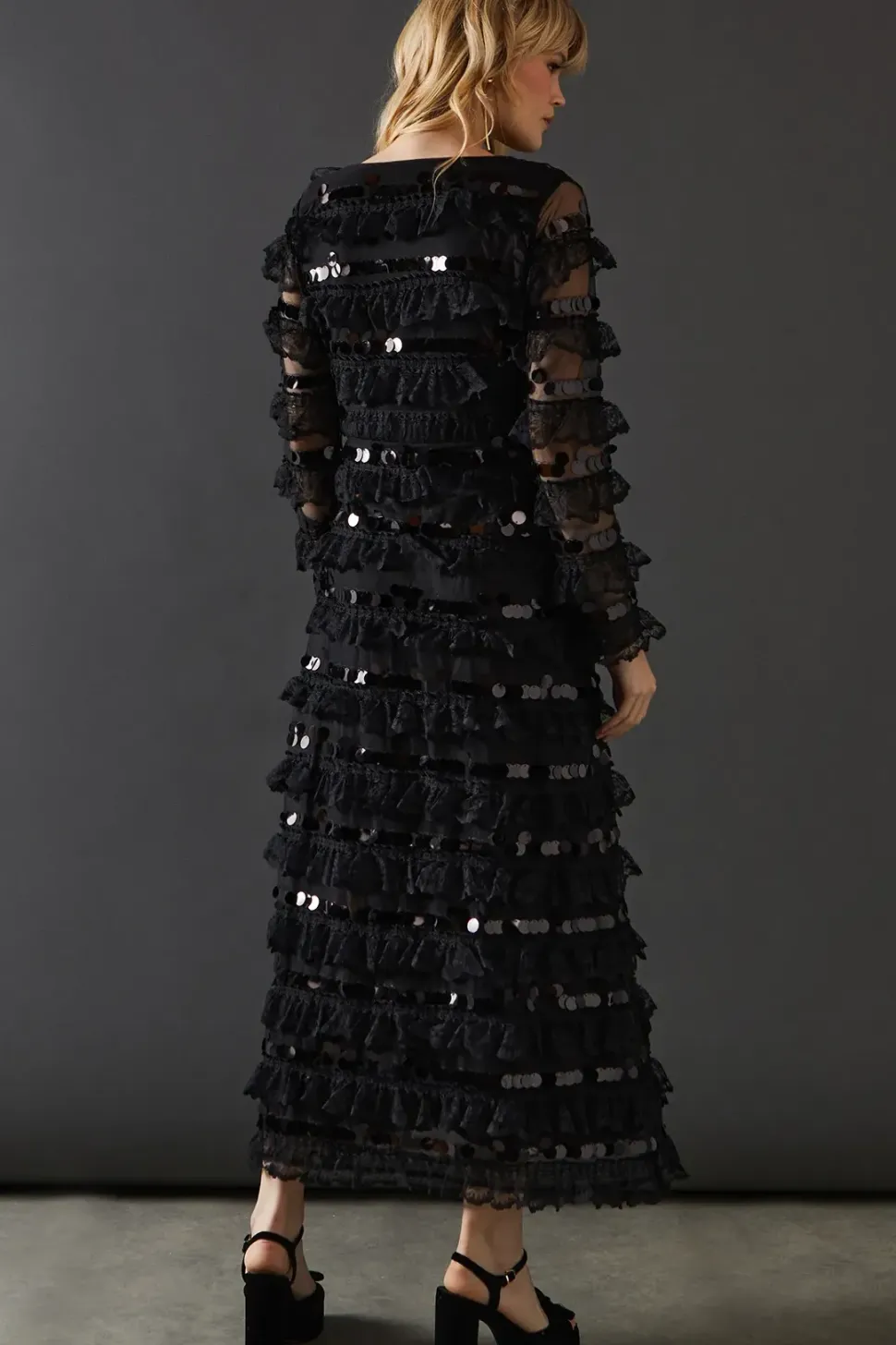 Premium Lace Sequin Frill Tier Plunge Neck Maxi Dress