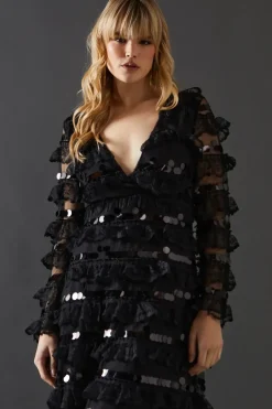 Premium Lace Sequin Frill Tier Plunge Neck Maxi Dress