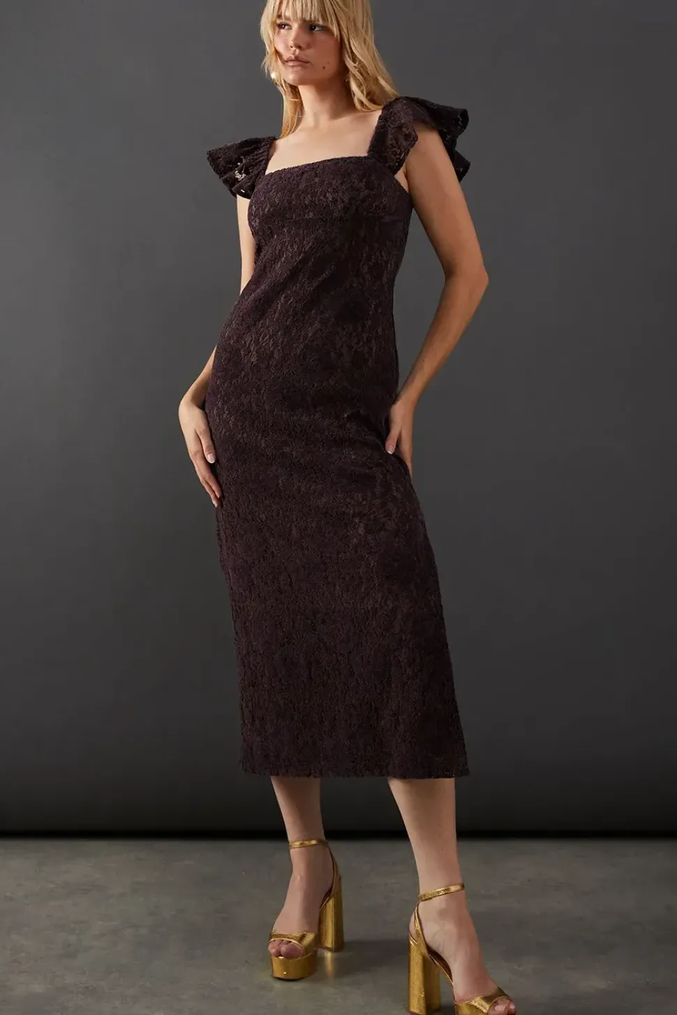 Premium Lace Square Neck Frill Strap Midi Dress