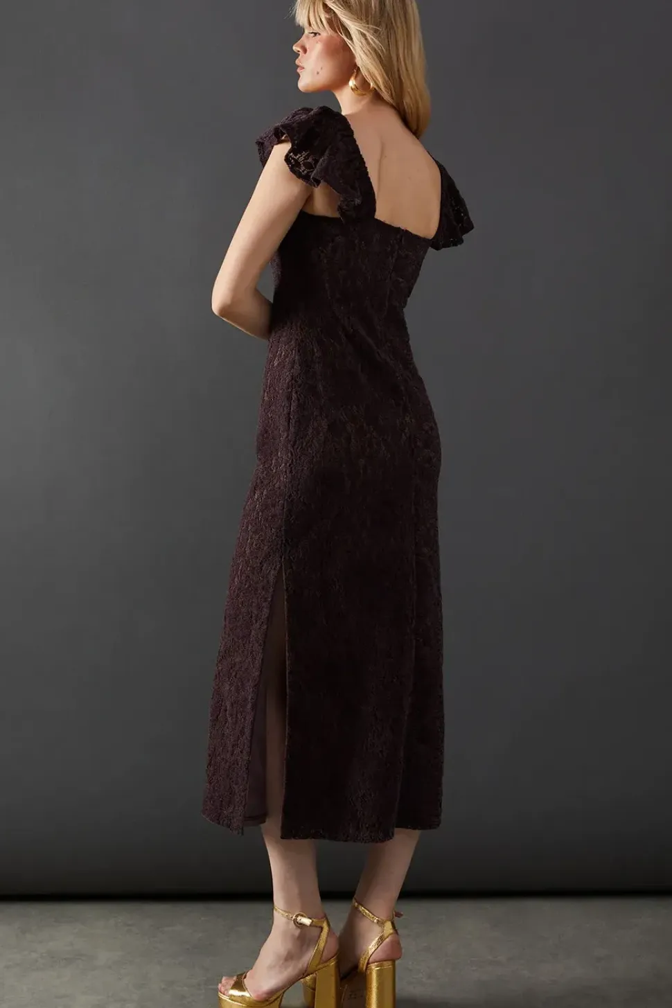 Premium Lace Square Neck Frill Strap Midi Dress