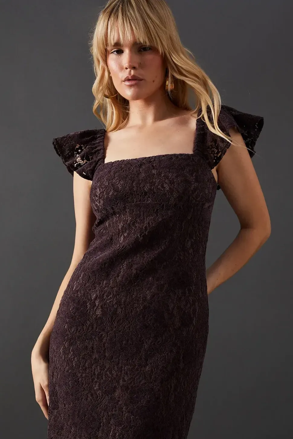 Premium Lace Square Neck Frill Strap Midi Dress
