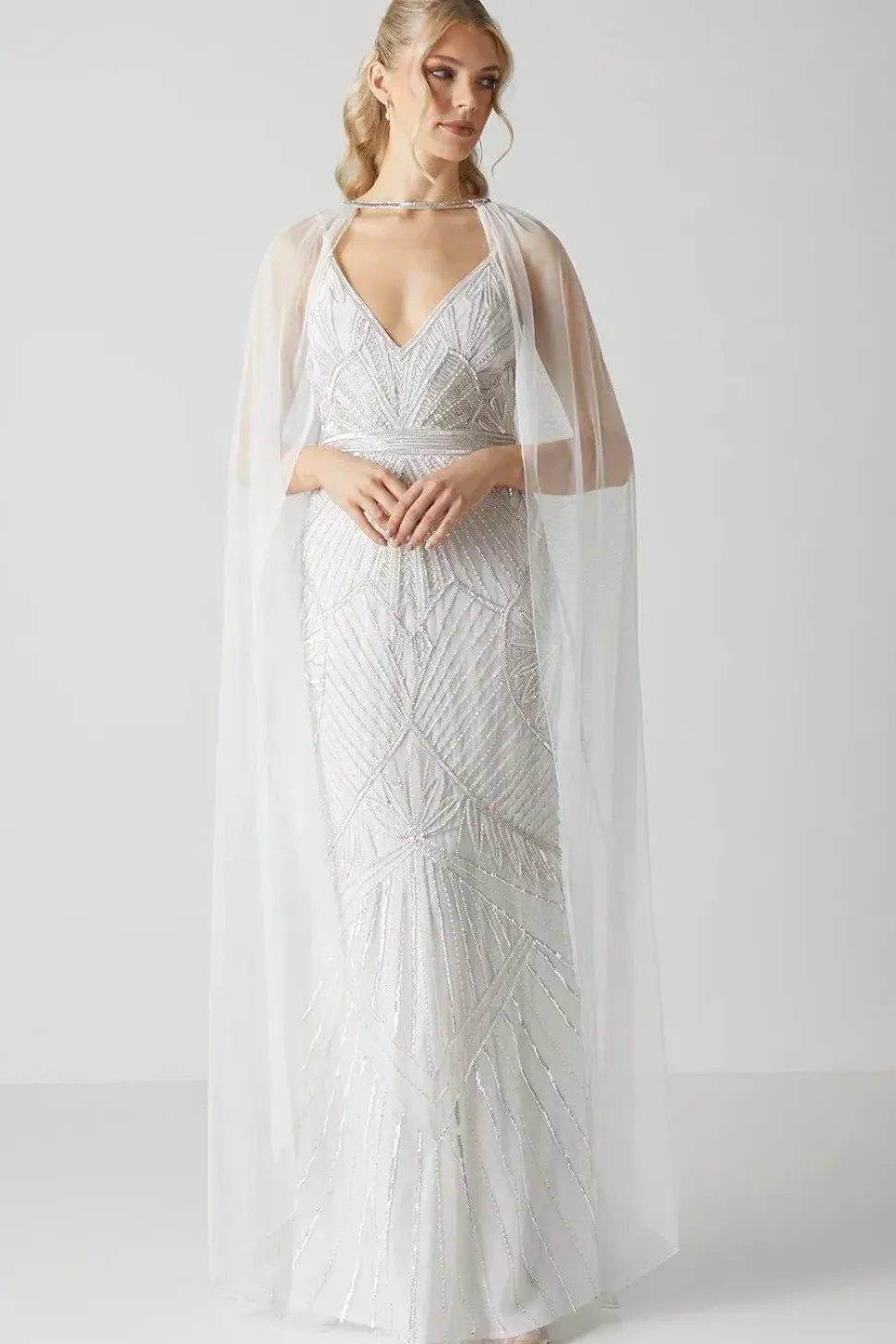 Premium Mesh Bridal Cape With Embellished Trim