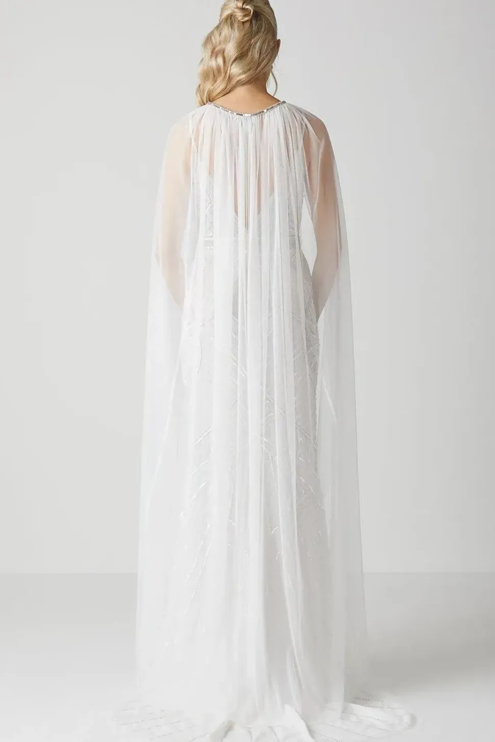 Premium Mesh Bridal Cape With Embellished Trim